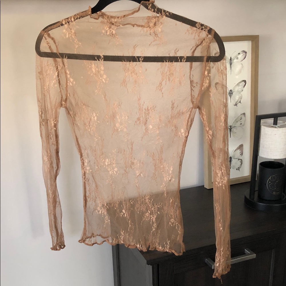 SHEIN Sheer Lace Long Sleeve Top - Tan